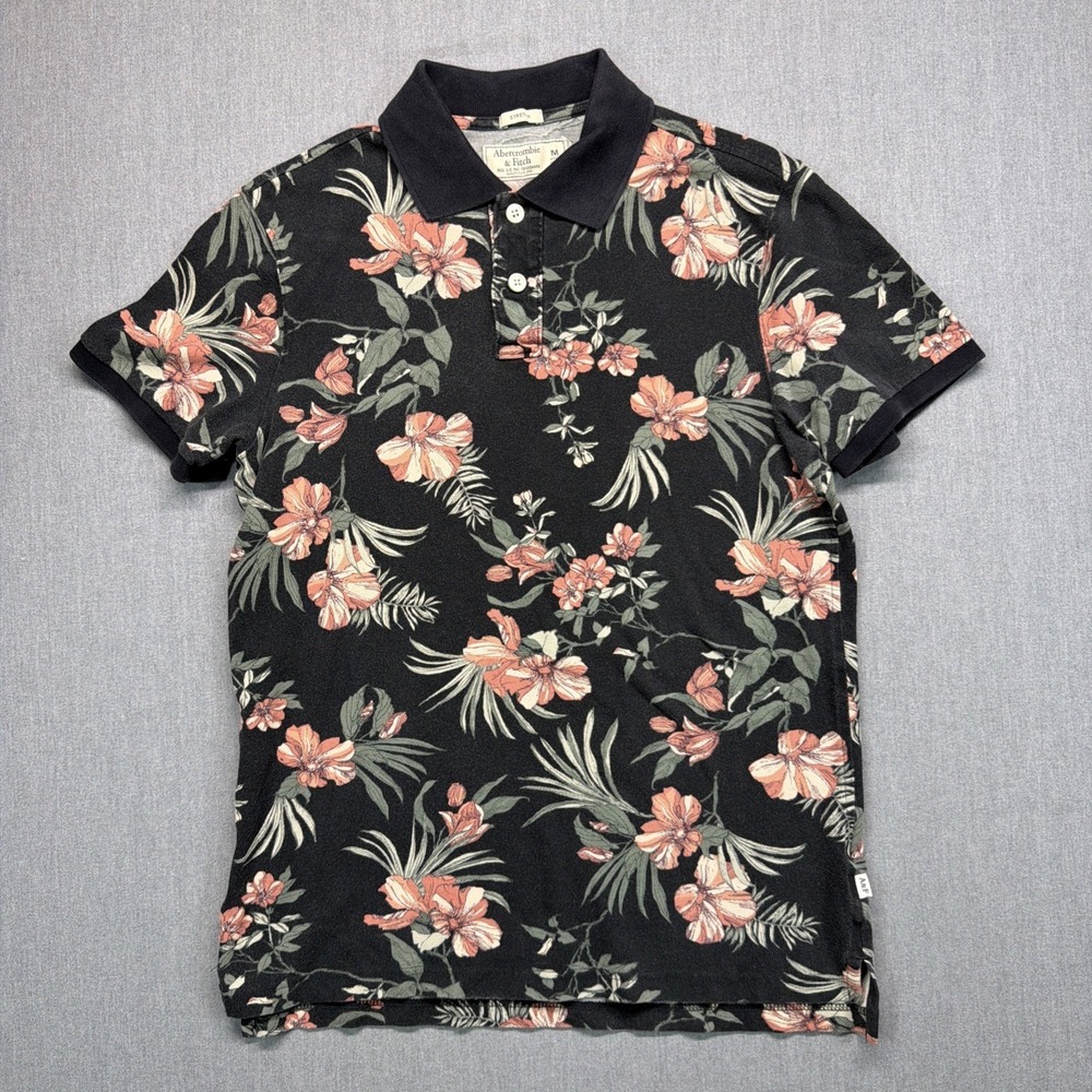Abercrombie & Fitch Polo Shirt Black Floral Soft Men's Medium Vintage